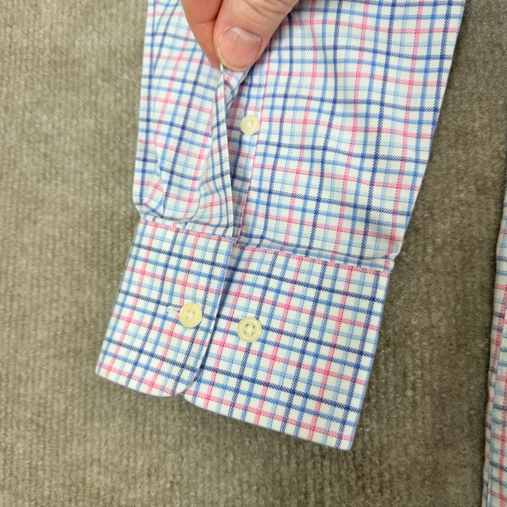 David Donahue Mens Dress Shirt 16 1/2 34/35 Blue Pink Plaid Cotton Trim Fit - Picture 12 of 15